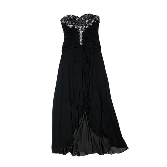 Camille La Vie Black Strapless Ruffle Gown with Beaded Bodice - Picture 1 of 6